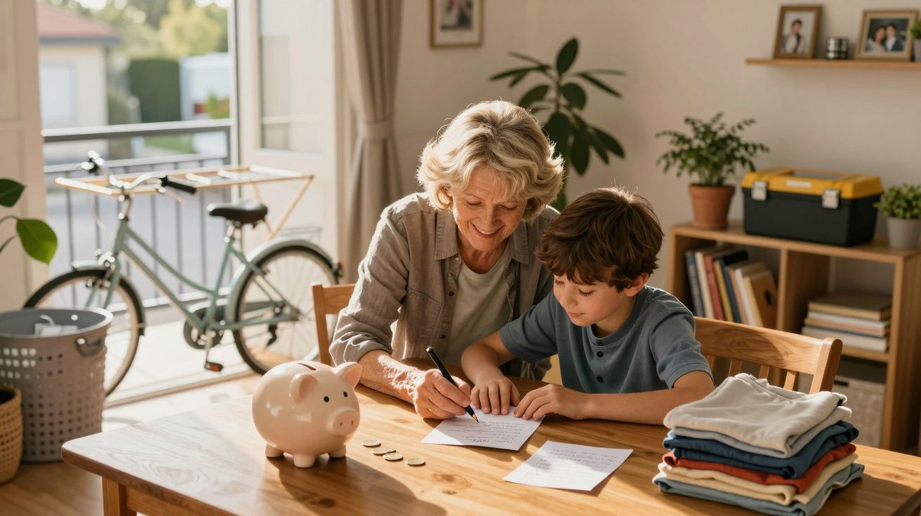 Idosa e menino escrevendo juntos à mesa, com cofrinho, moedas e roupas dobradas ao lado.