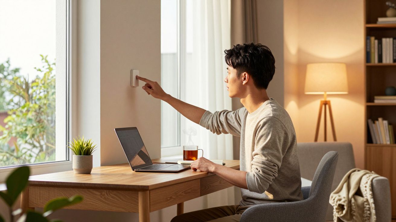 Jovem em mesa de madeira acionando interruptor de luz, com notebook, xícara de chá e planta próxima à janela.