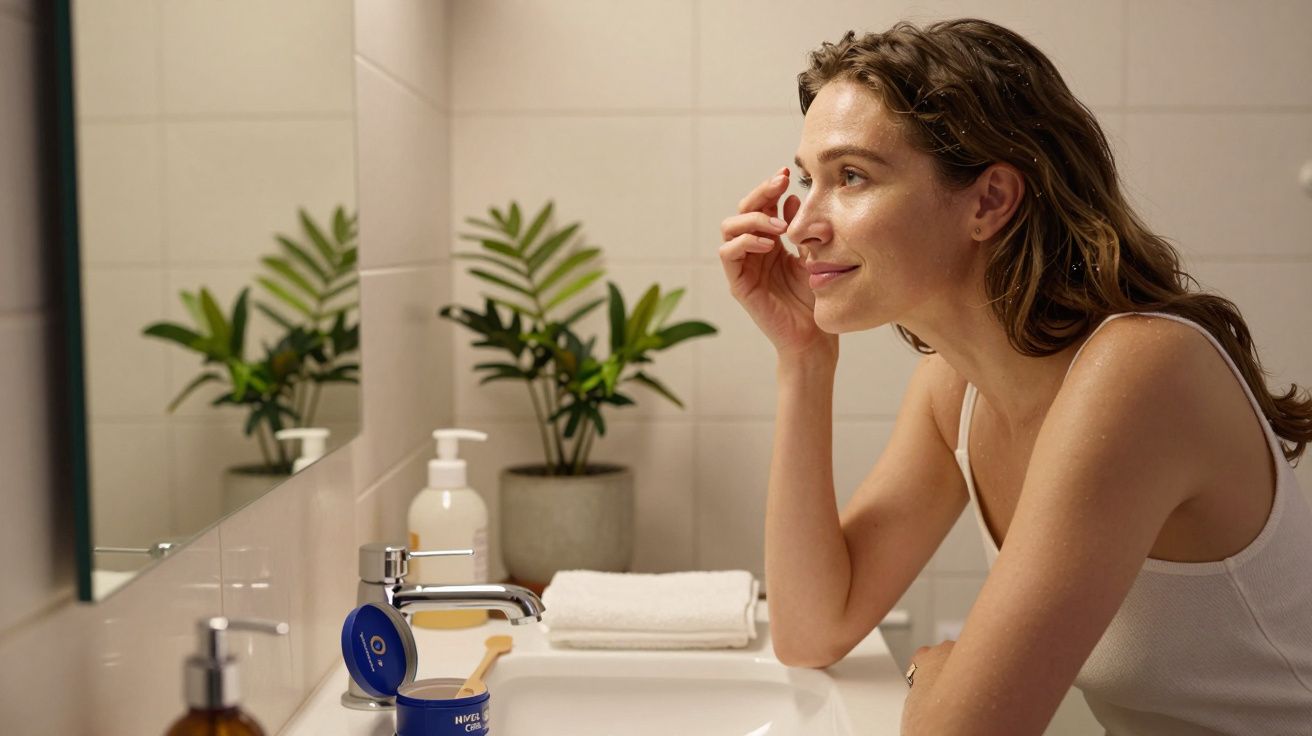 Mulher sorrindo aplica creme no rosto na pia do banheiro com plantas ao fundo e toalha branca.