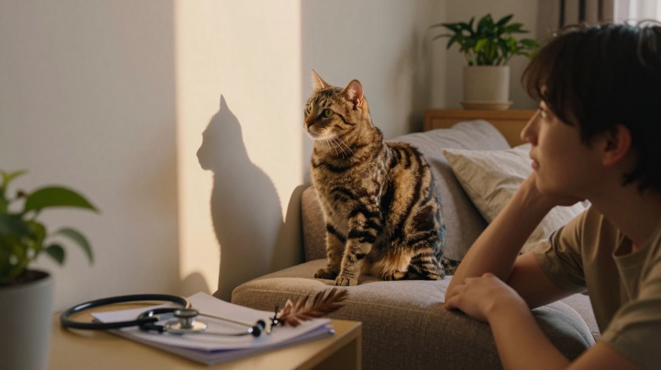 Pessoa observando gato sentado no sofá com sombra refletida na parede, em ambiente aconchegante iluminado.