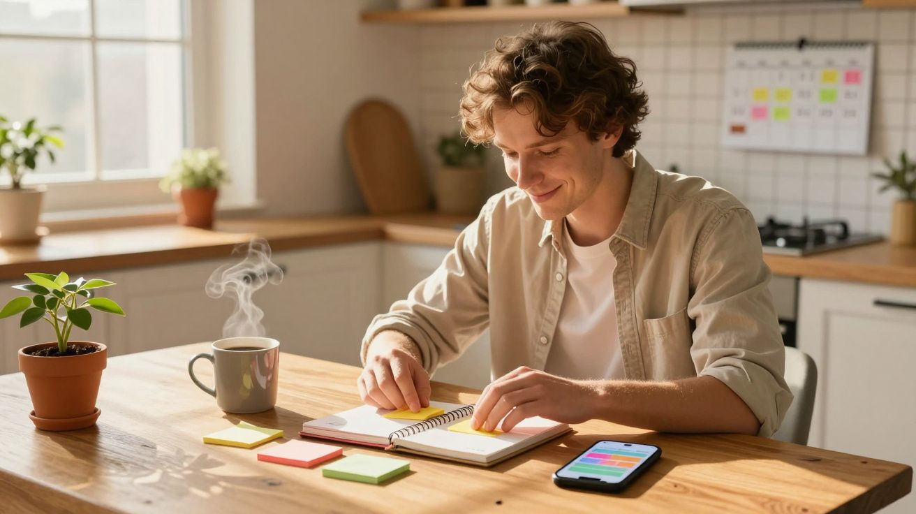 Homem jovem sentado à mesa, organizando anotações em planner, com celular, café e plantas ao redor.