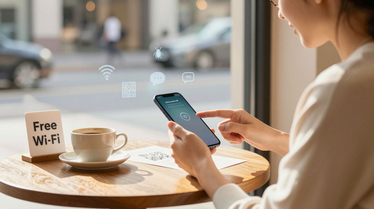 Pessoa usando celular em mesa de café com placa de Wi-Fi grátis e xícara de café, ao lado de janela.