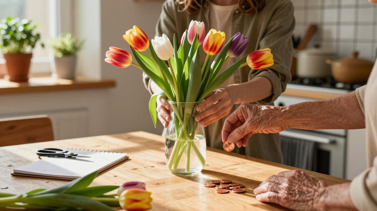 Pessoa ajeitando flores coloridas em vaso de vidro enquanto outra conta moedas de cobre em mesa de madeira.