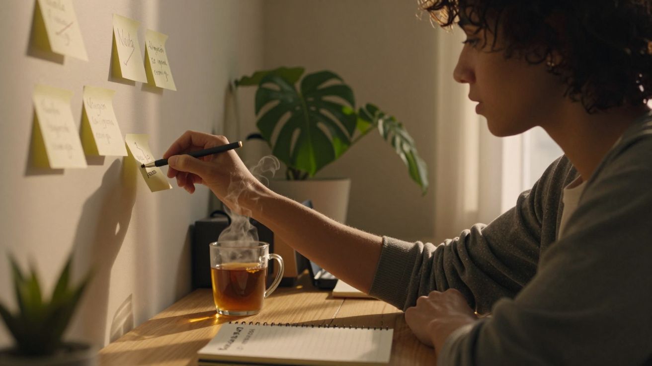 Pessoa escrevendo em post-its colados na parede em ambiente iluminado com xícara de chá e plantas ao fundo.