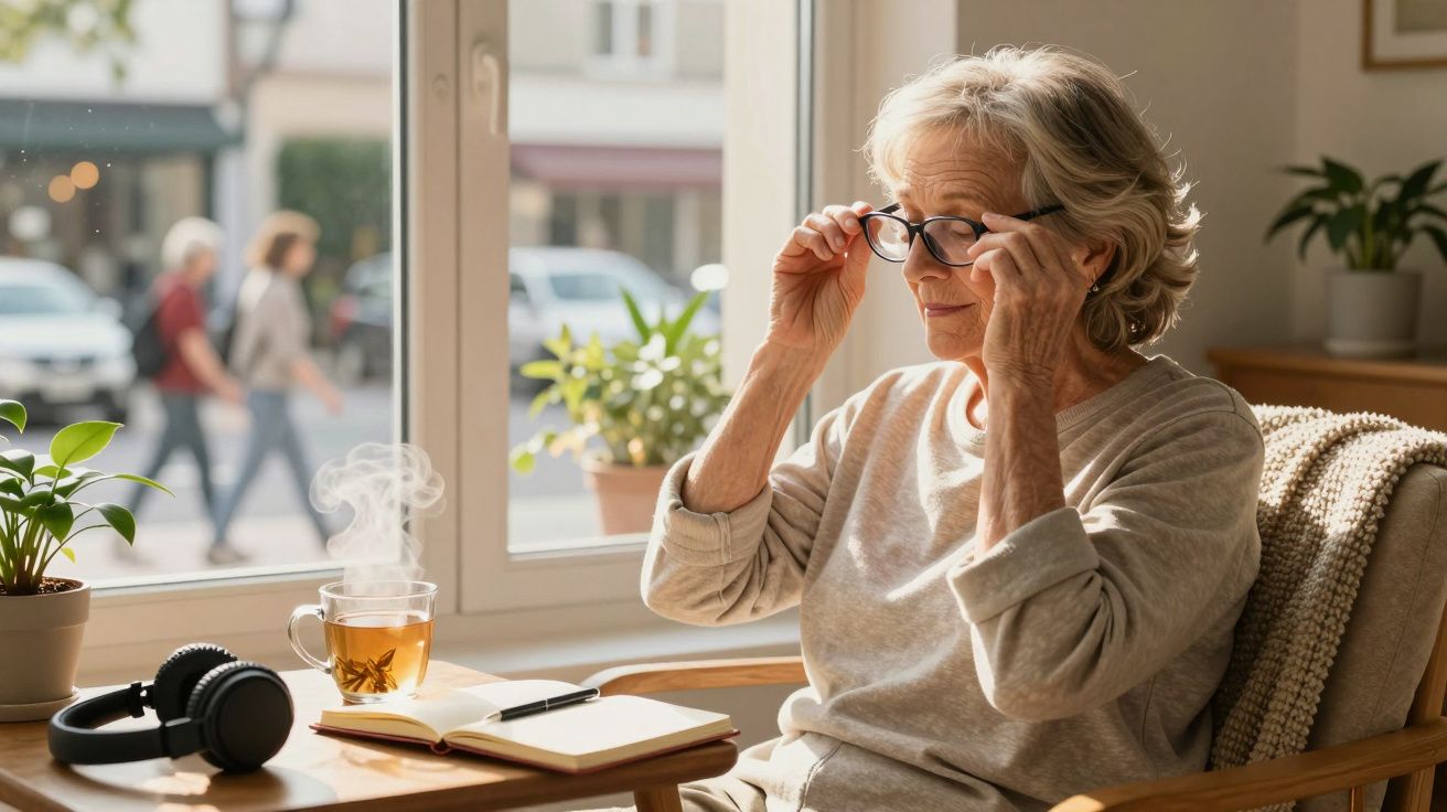 Mulher idosa colocando óculos sentada perto da janela com chá e caderno na mesa ao lado.