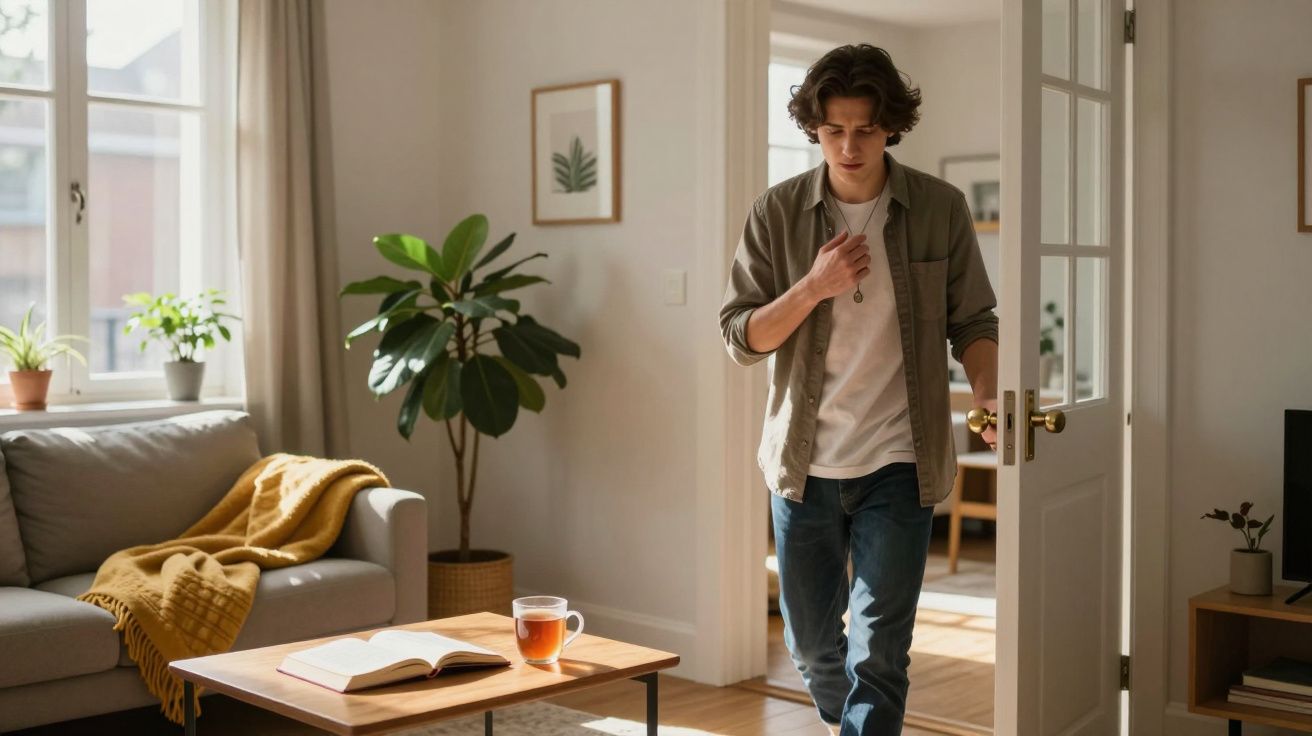 Jovem entrando em sala iluminada com sofá, planta, livro aberto e xícara de chá sobre mesa de centro.