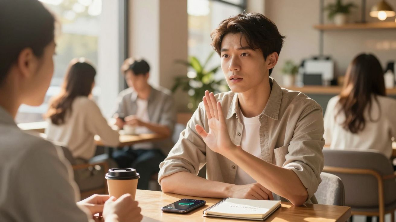 Homem jovem recusa bebida enquanto conversa com outra pessoa em cafeteria iluminada naturalmente.