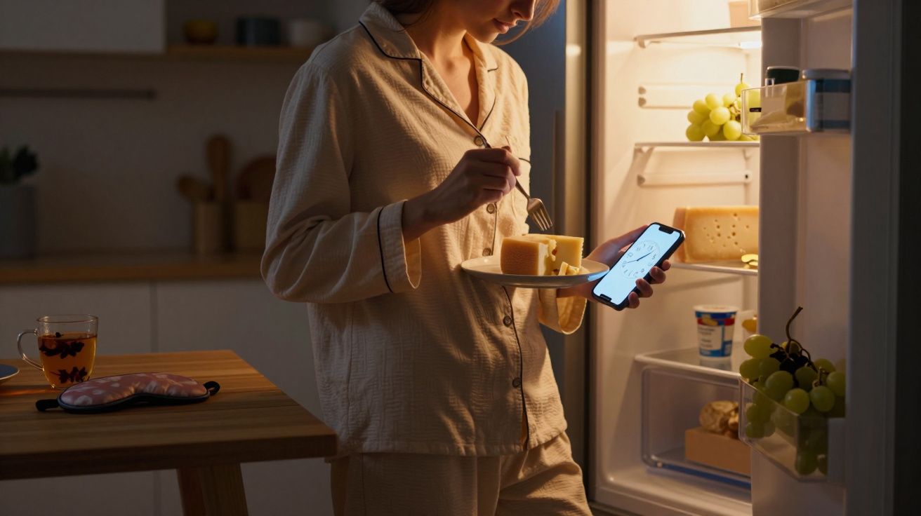Pessoa em pijama segurando prato e celular em frente à geladeira aberta à noite na cozinha.