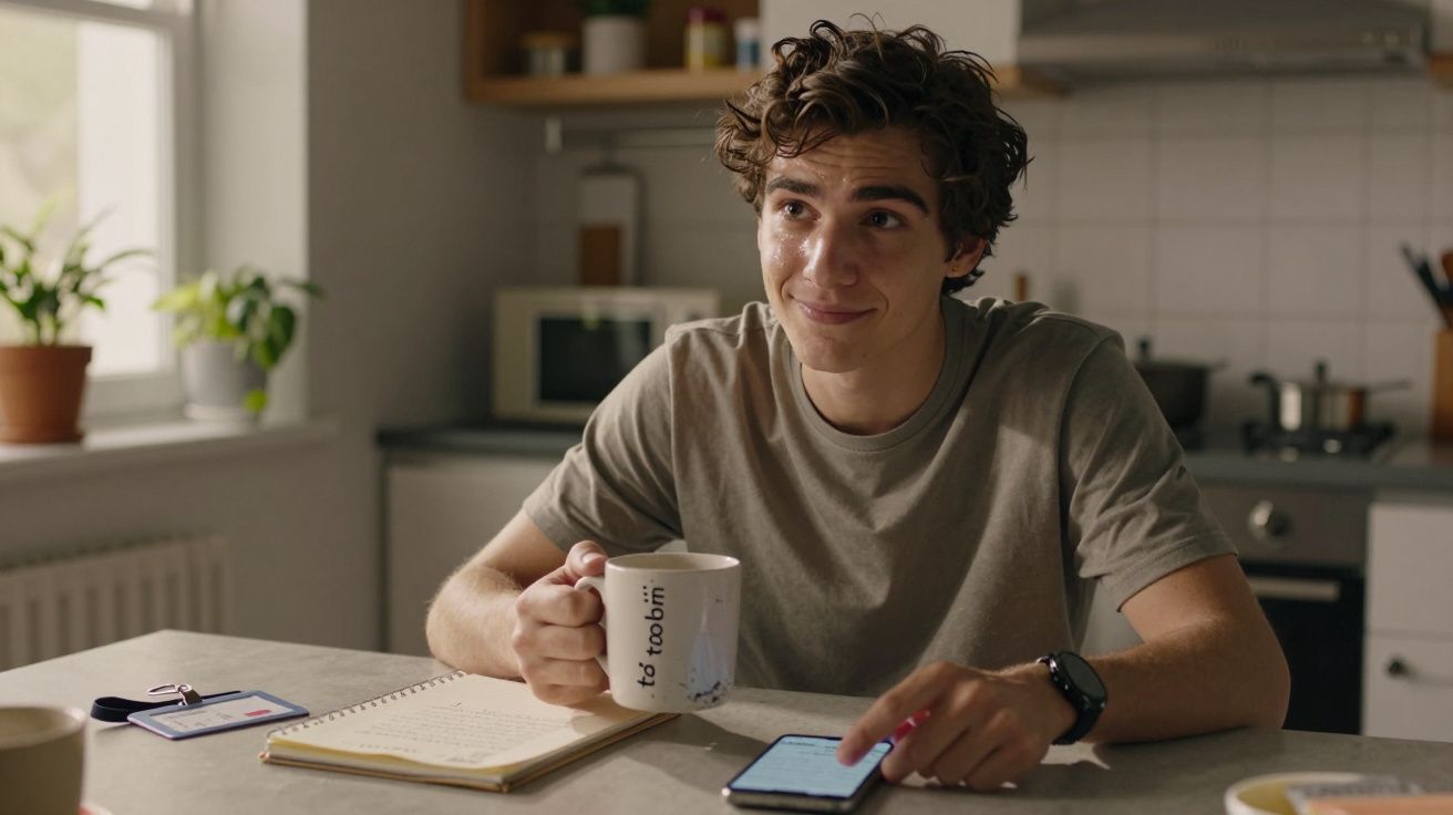 Jovem sentado à mesa da cozinha com caneca, caderno aberto e smartphone, sorrindo.