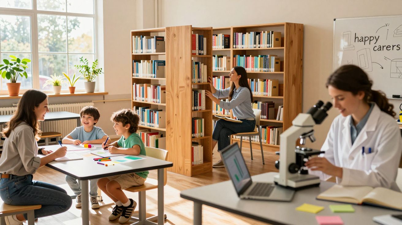 Mulher e crianças estudando em sala iluminada, mulher em microscópio e outra lendo livros em estante.