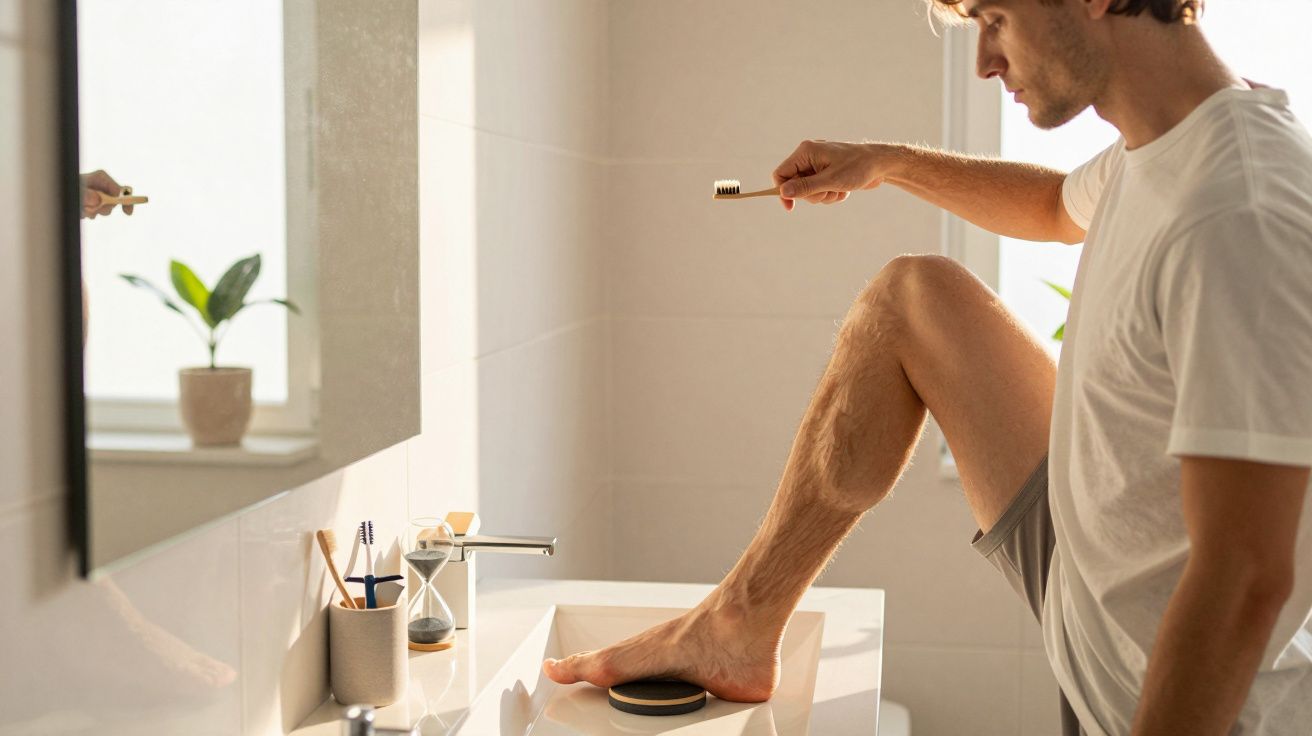 Homem sentado no banheiro segurando escova de dente sobre a pia, preparando-se para escovar os dentes.