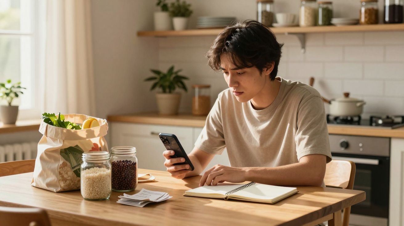 Jovem sentado à mesa da cozinha, olhando o celular, com legumes, potes e anotações à sua frente.