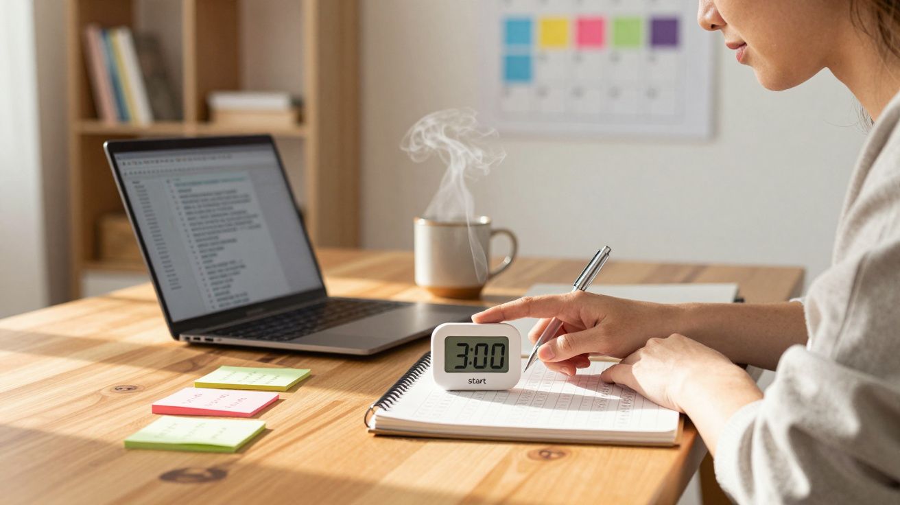 Pessoa usando cronômetro digital ao lado de notebook e caneca fumegante enquanto escreve em caderno sobre mesa de madeira.
