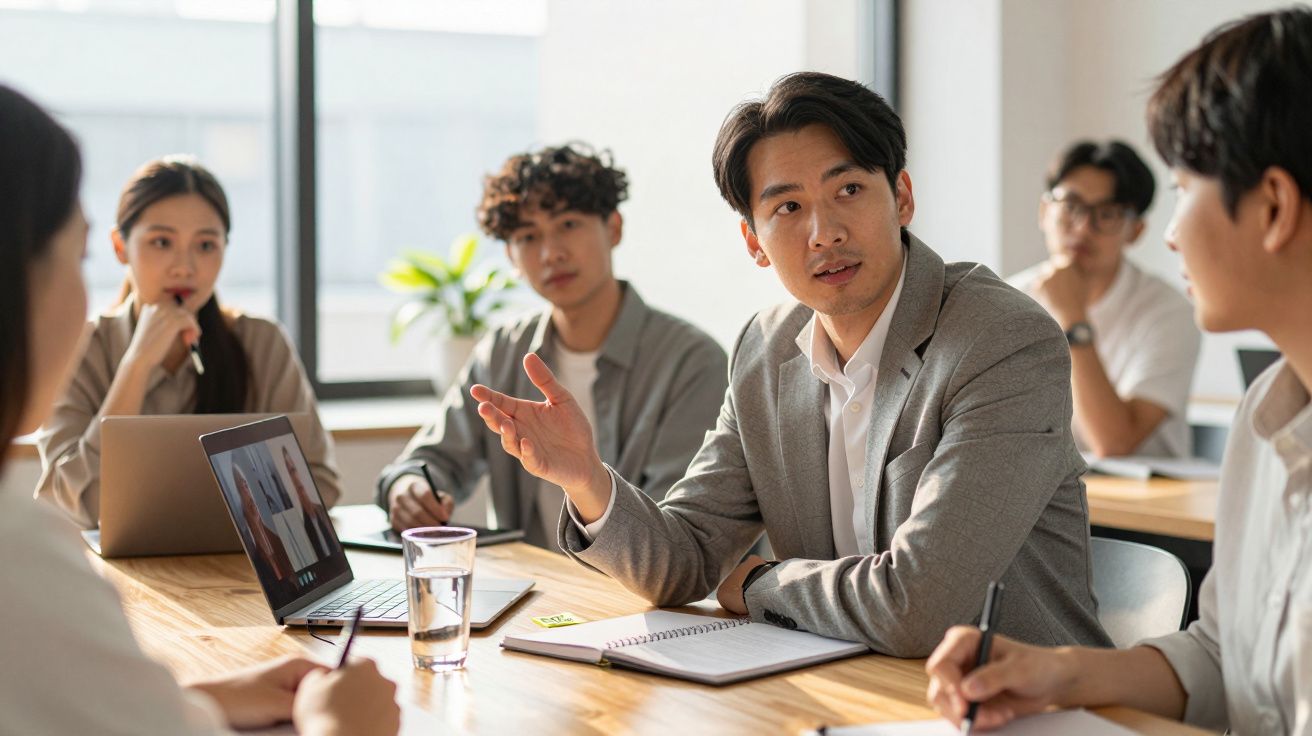 Grupo de jovens em reunião de trabalho, debatendo ideias ao redor de mesa com laptop e cadernos.