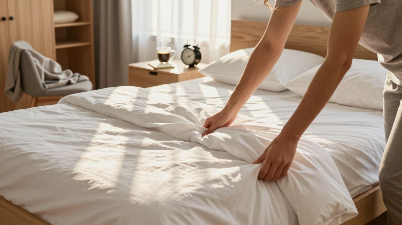 Pessoa arrumando cama com lençol branco em quarto iluminado pela manhã.