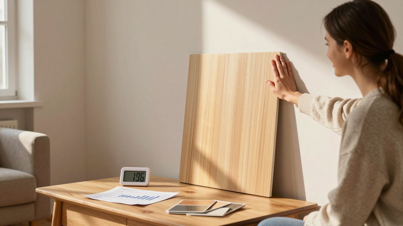 Mulher avalia amostra de madeira em ambiente claro, com mesa, papéis, tablet e relógio digital.