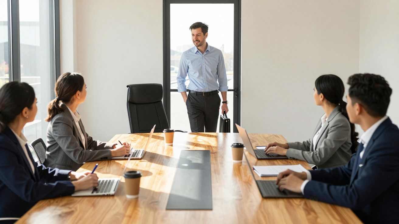 Homem entrando em sala de reunião com quatro colegas sentados em volta de mesa de madeira com laptops.