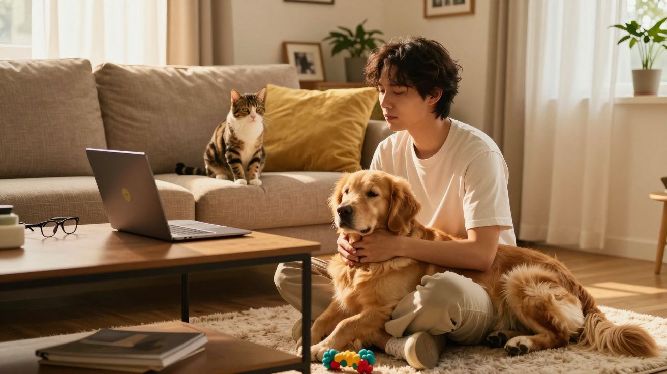 Pessoa sentada no chão de sala com cachorro ao colo, gato no sofá e laptop sobre mesa de centro.