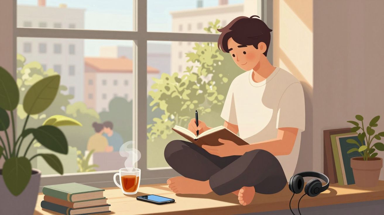 Pessoa sentada no parapeito da janela escrevendo em caderno, com livros, chá e fones ao redor.