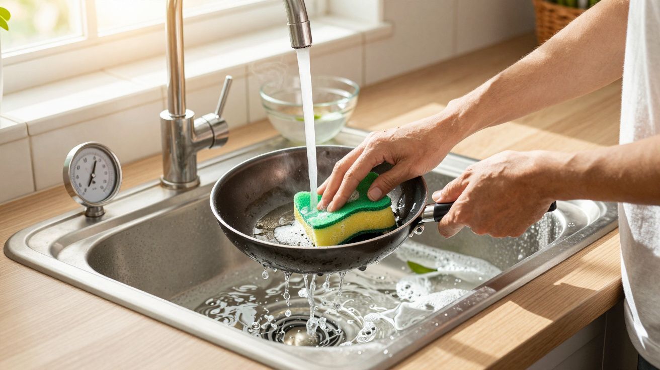 Pessoa lavando frigideira com esponja verde e amarela em pia com água corrente.