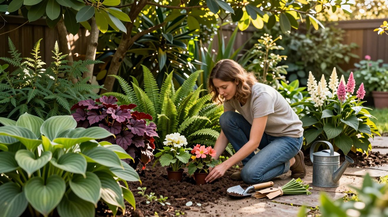 Mulher ajoelhada cuidando de flores em jardim com regador e ferramentas ao lado em dia ensolarado.