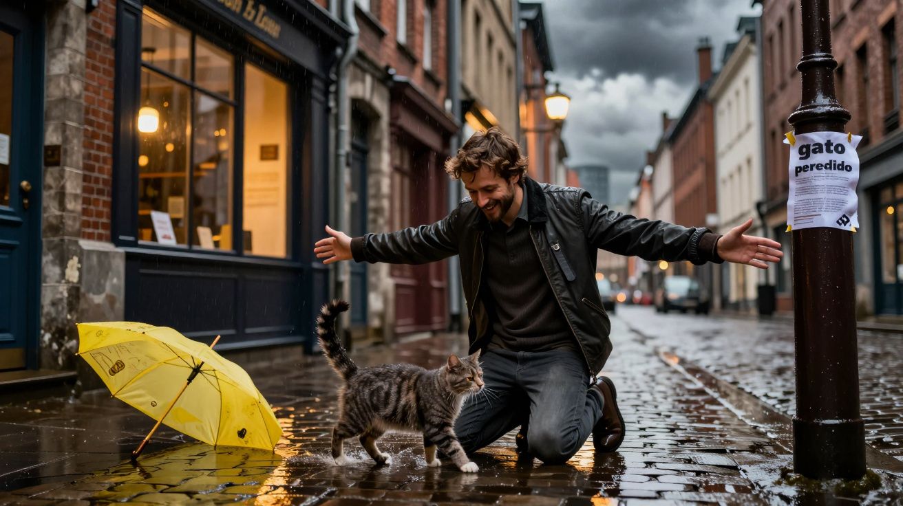Homem ajoelhado em rua molhada feliz com gato próximo a guarda-chuva amarelo e cartaz de gato perdido em poste.
