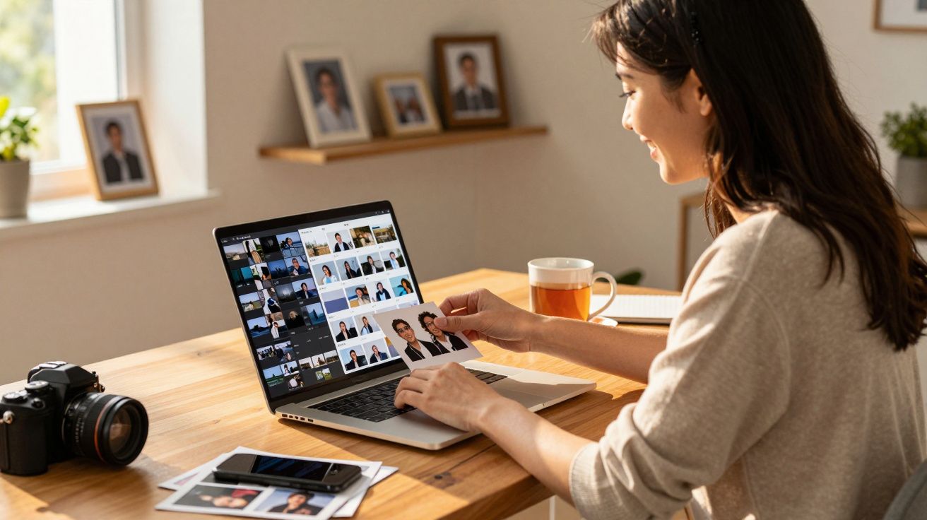 Mulher revisando fotografias em frente a laptop com imagens digitais em ambiente claro e acolhedor.