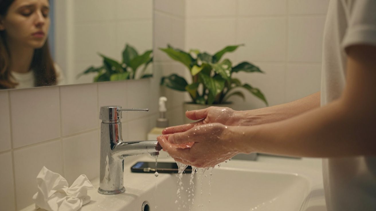 Pessoa lavando as mãos em uma pia de banheiro com plantas ao fundo e papel amassado ao lado.