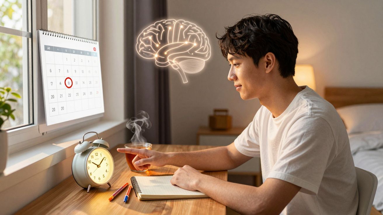 Jovem estudando com caderno, relógio, calendário e ilustração digital de cérebro em ambiente iluminado.