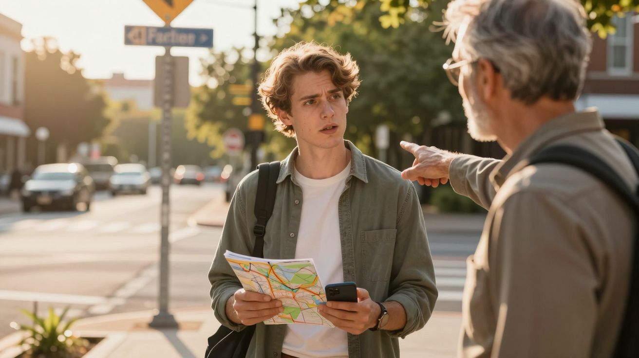 Homem jovem com mapa e celular recebendo orientação de homem mais velho na rua durante o dia.