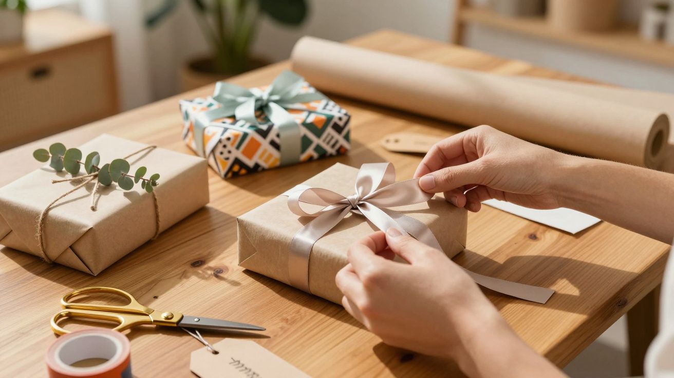 Mãos amarrando laço prateado em presente embalado em papel kraft em mesa de madeira.