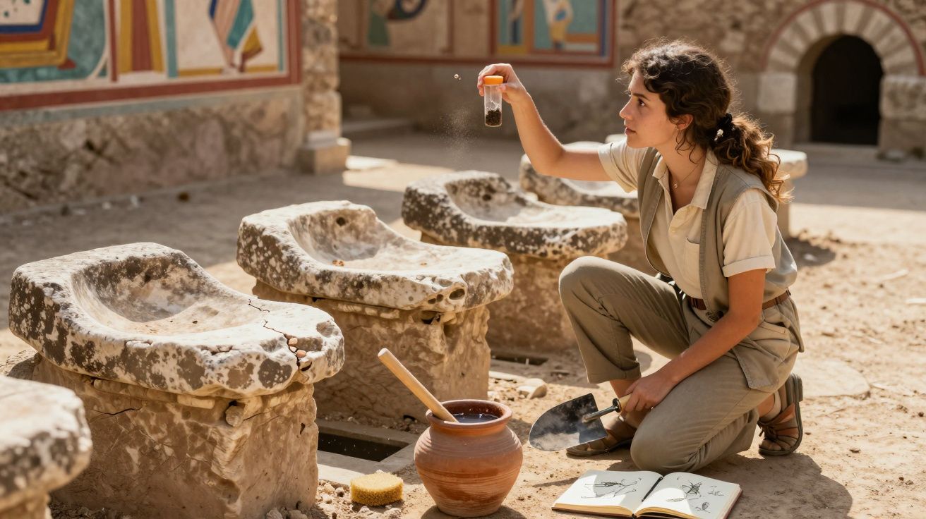 Mulher arqueóloga examina amostra em frasco pequeno em escavação com artefatos antigos ao redor.