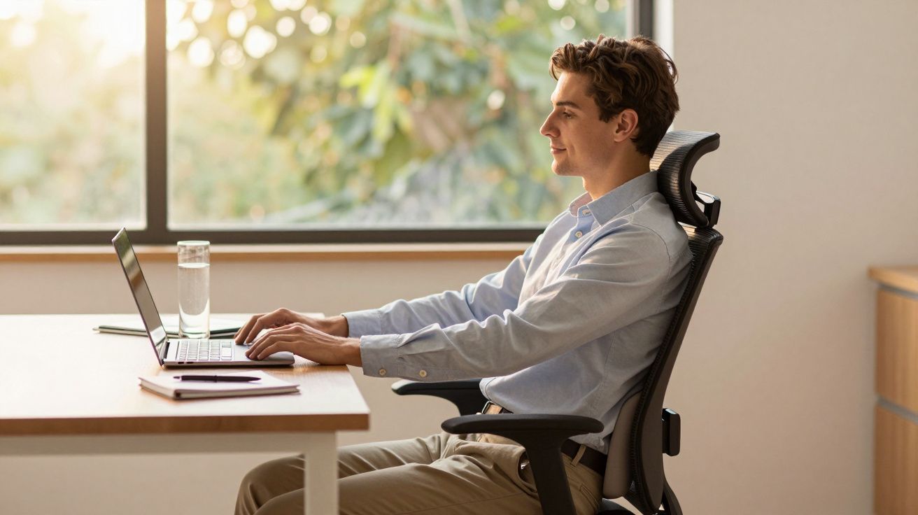 Homem jovem sentado em cadeira ergonômica usando laptop em escritório com janela e luz natural.