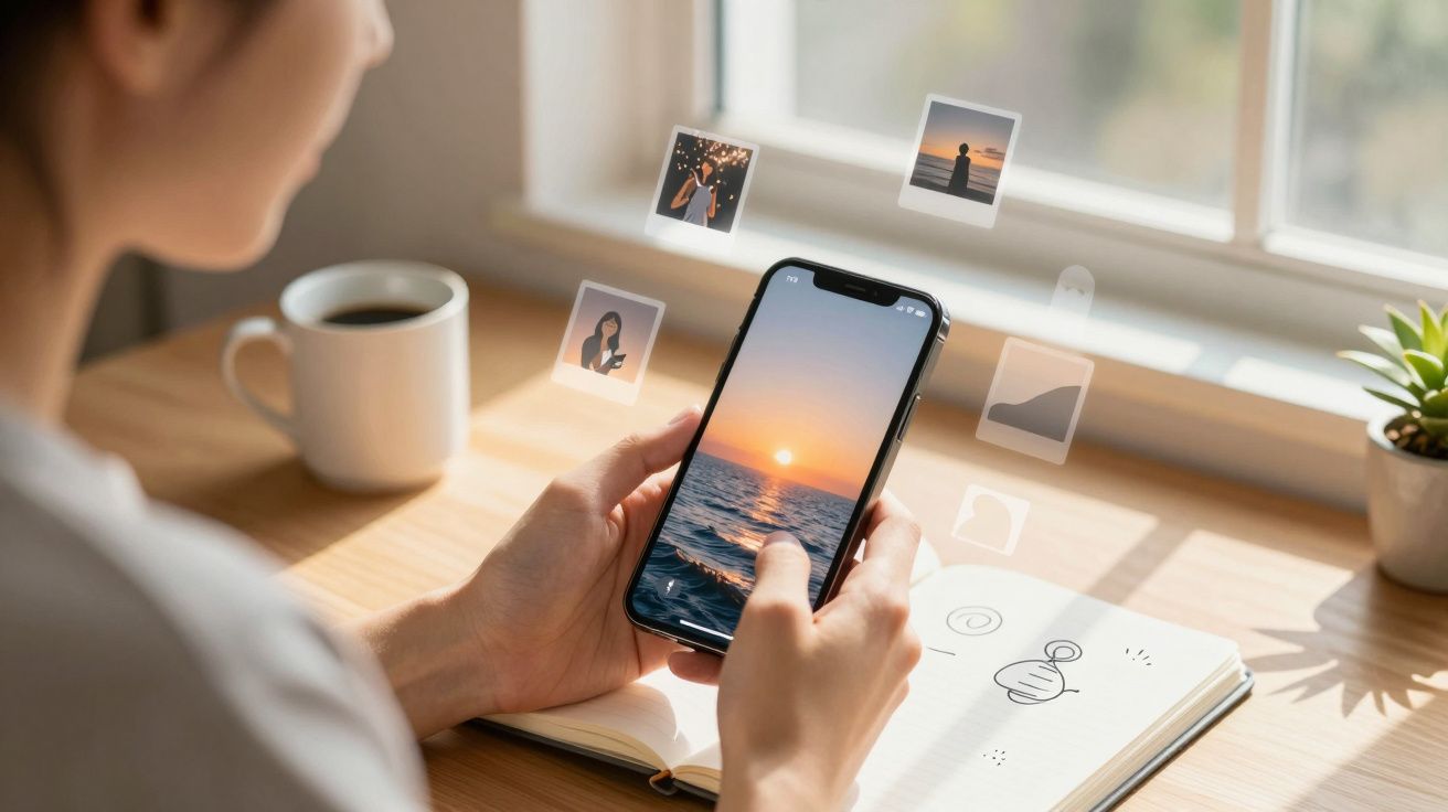 Pessoa segurando celular com foto de pôr do sol, perto de caderno, xícara de café e planta na mesa.
