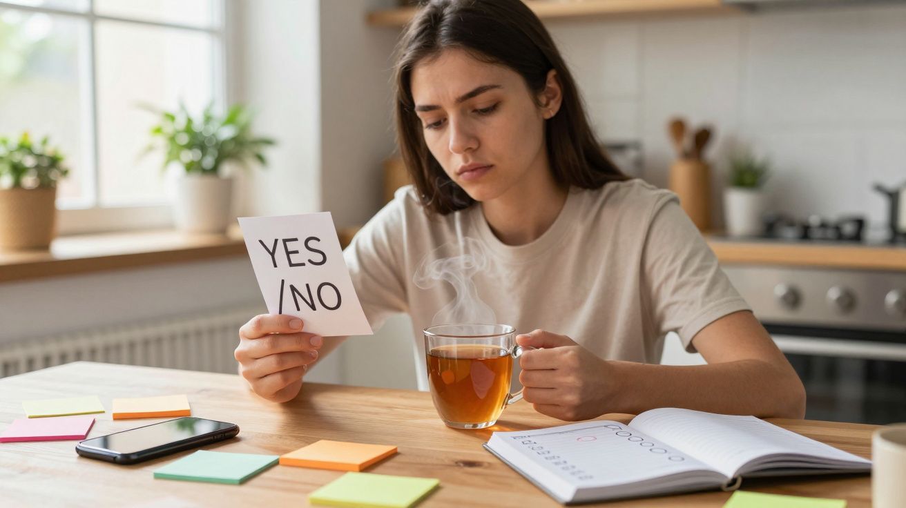 Mulher sentada à mesa, segurando papel com "YES/NO" e xícara de chá, pensativa em cozinha iluminada.