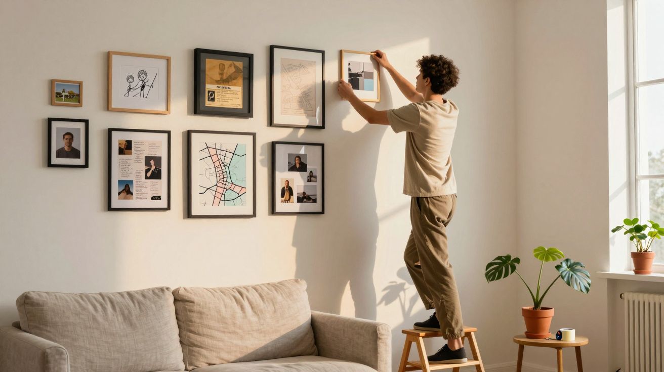 Pessoa pendura quadro em parede branca ao lado de sofá bege e plantas em ambiente iluminado natural.