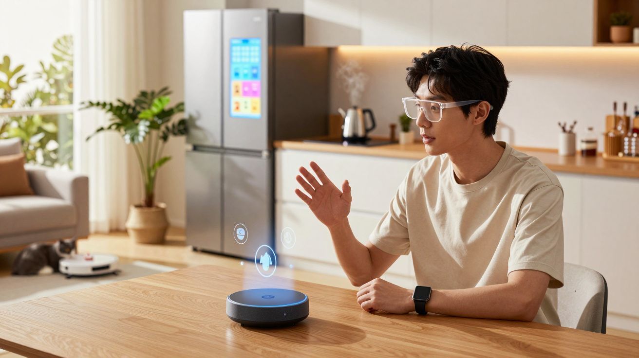Homem usando óculos interage com assistente virtual em dispositivo inteligente na cozinha moderna.