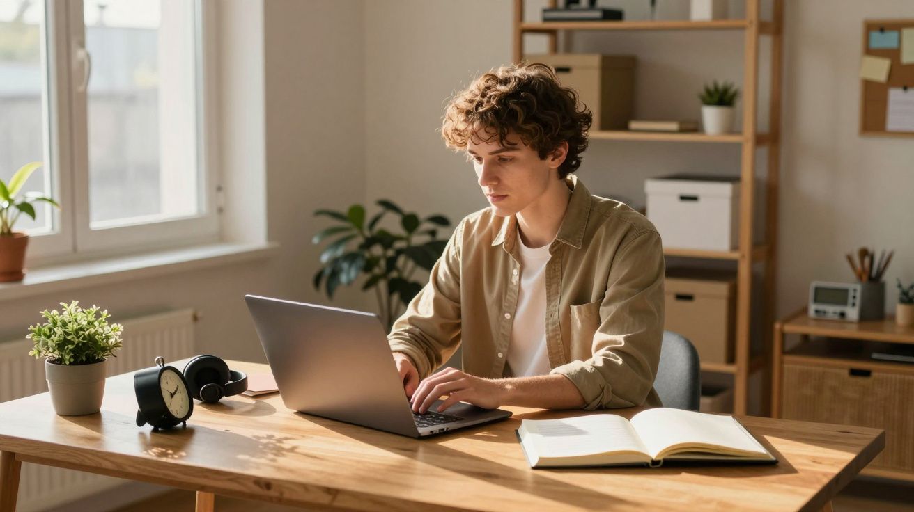 Jovem concentrado usando laptop em mesa com plantas, relógio, fones e livro aberto em ambiente de trabalho.