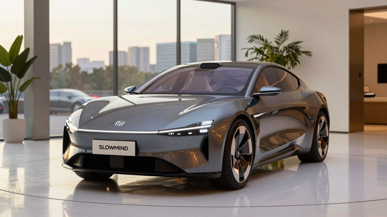 Carro elétrico cinza escuro com design futurista em ambiente interno moderno e iluminado.