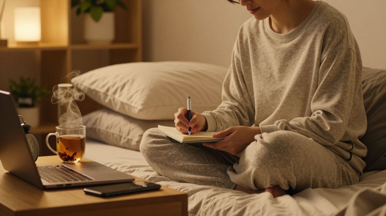Pessoa sentada na cama escrevendo em caderno, com notebook e xícara de chá ao lado, ambiente aconchegante.