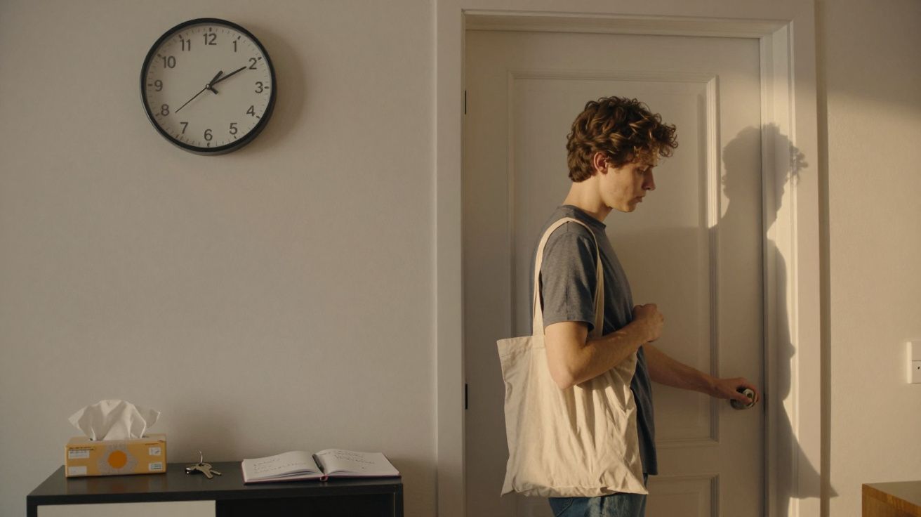 Jovem com camiseta cinza e bolsa de tecido abre porta em ambiente interno com relógio e mesa ao fundo.