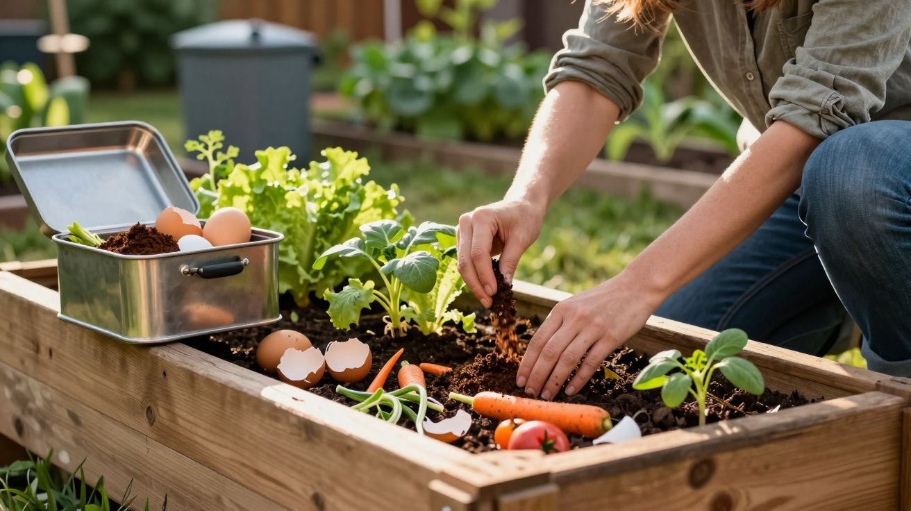 Pessoa plantando sementes em horta caseira com legumes, verduras e resíduos orgânicos em canteiro de madeira.