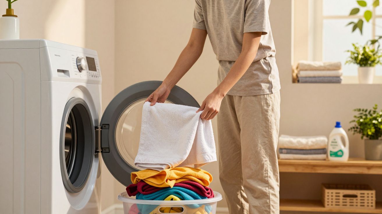 Pessoa tirando toalha branca da máquina de lavar roupa em ambiente claro e organizado.