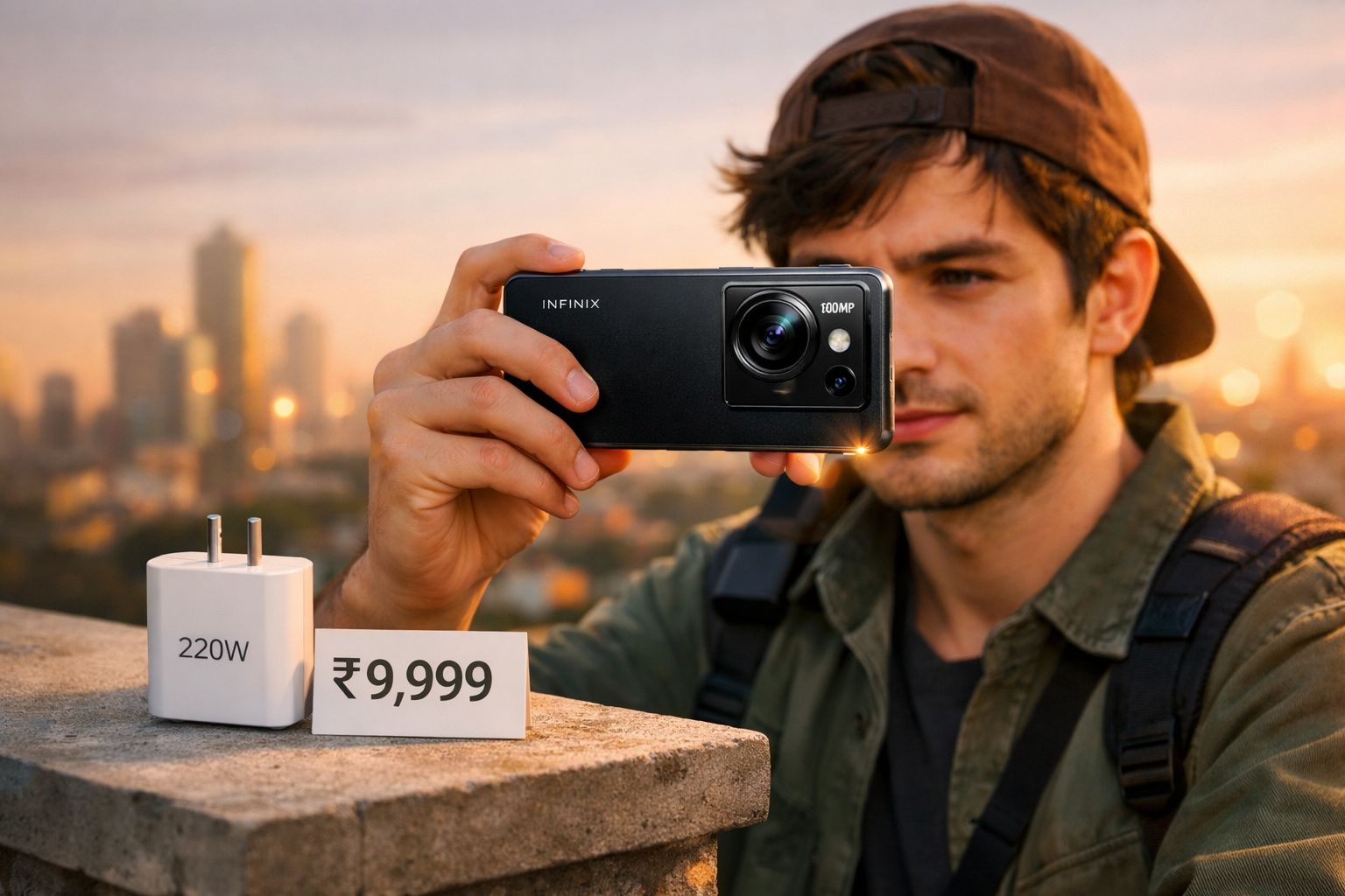 Homem tirando foto com smartphone Infinix 100MP, carregador 220W e preço de 9.999 rúpias.