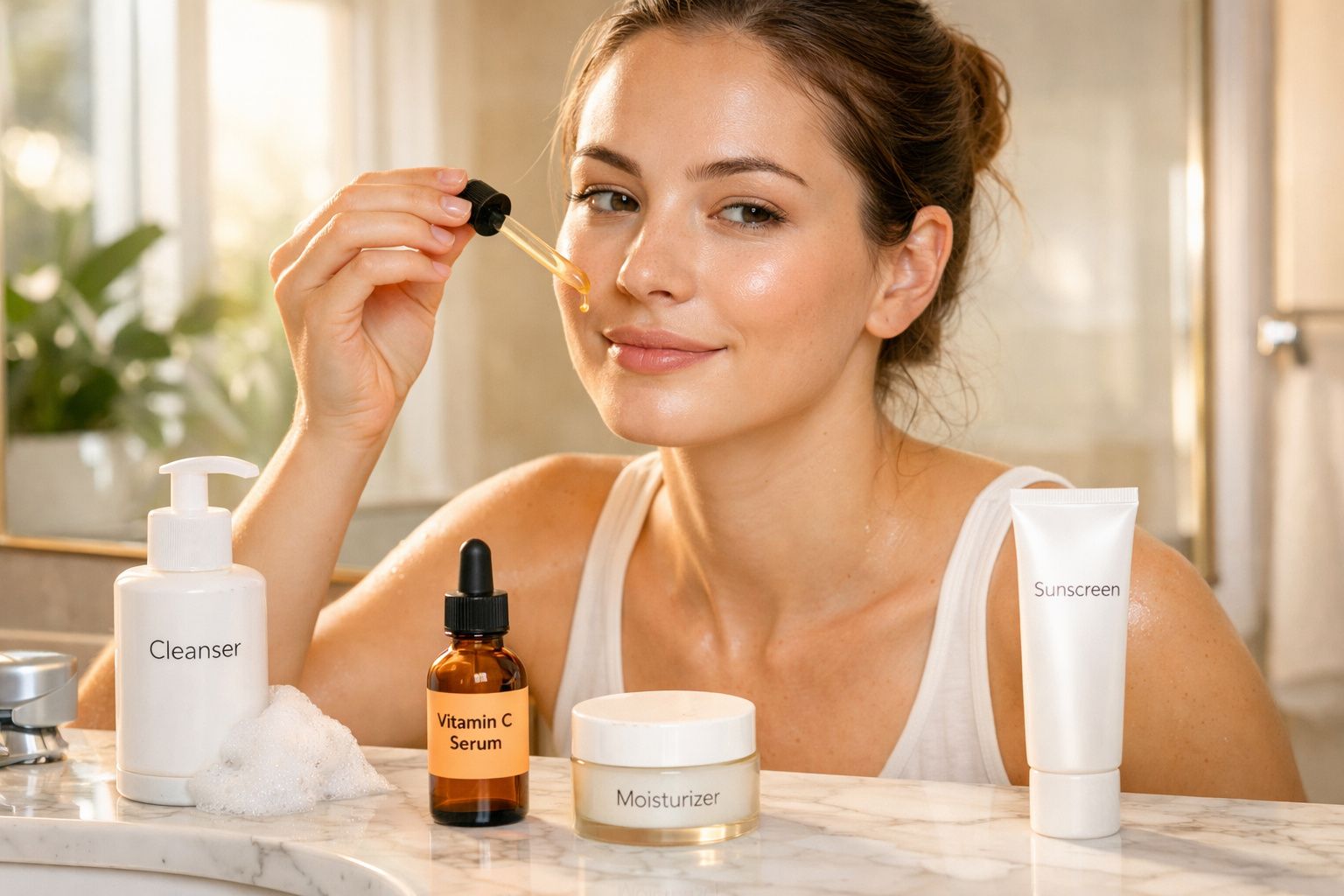 Mulher aplicando sérum de vitamina C no rosto, com produtos de skincare sobre a bancada do banheiro.