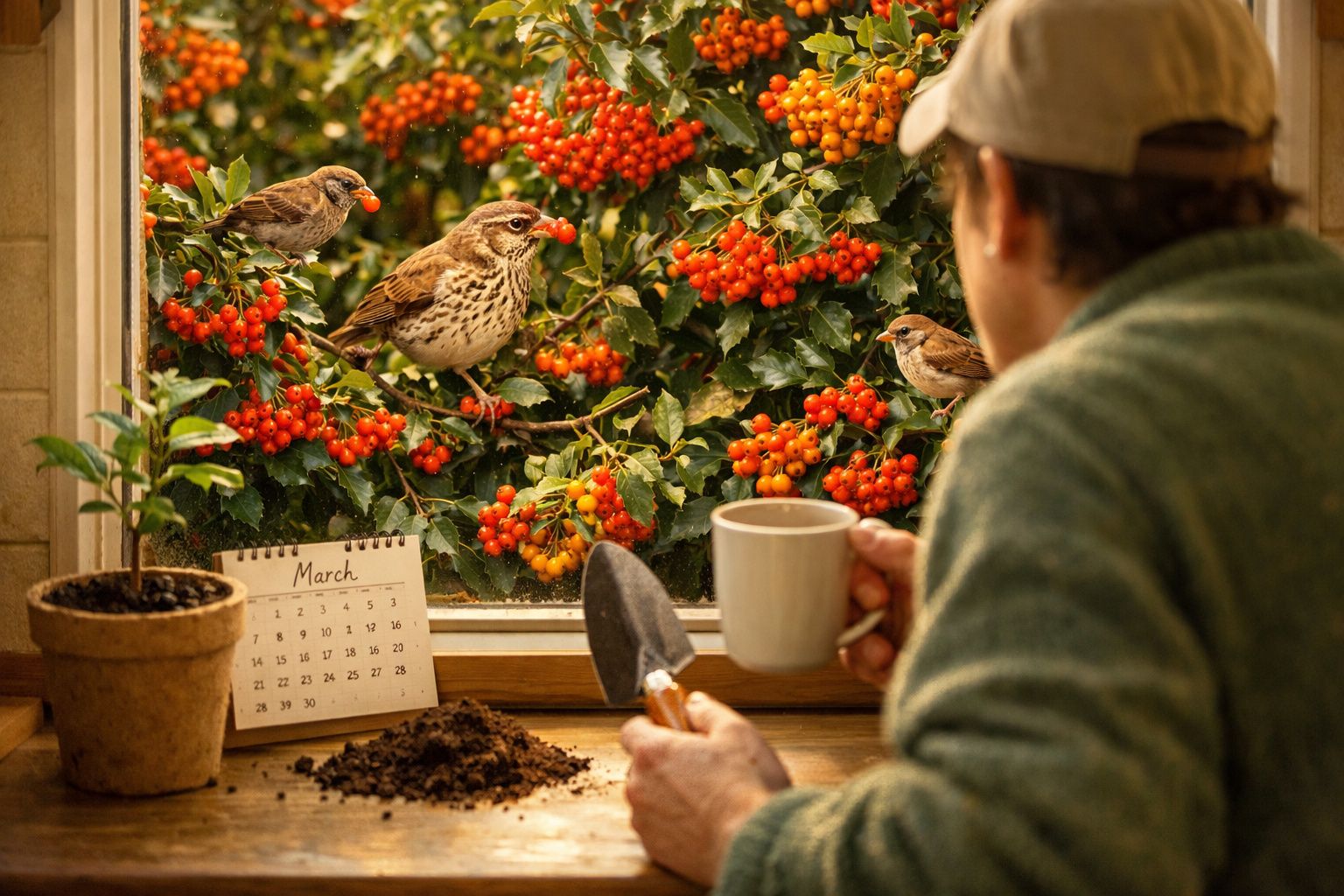 Homem observa pássaros com baga vermelha enquanto segura xícara e pá de jardinagem na janela.