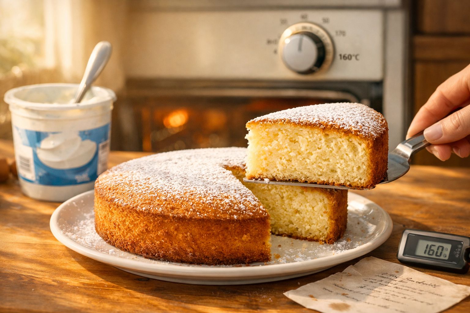 Bolo simples com cobertura de açúcar de confeiteiro sendo servido, forno e termômetro marcando 160°C ao fundo.