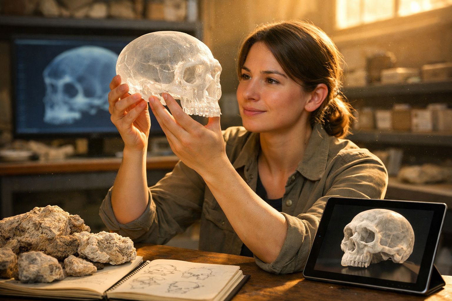 Mulher estudando um crânio translúcido em laboratório com esboços e imagens digitais ao redor.