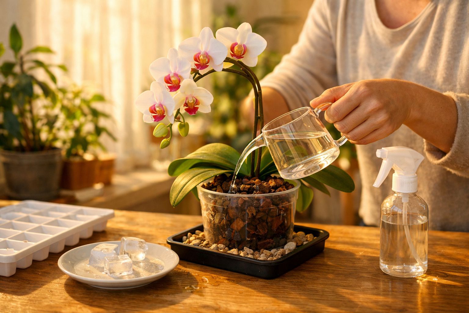 Pessoa regando orquídea branca com regador transparente em ambiente interno iluminado pelo sol.