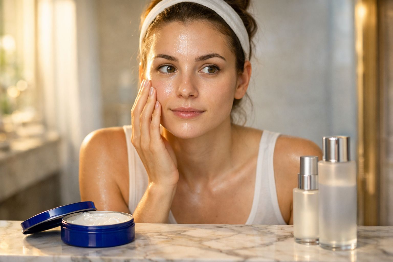 Mulher aplicando creme facial em frente ao espelho, com produtos de skincare sobre a bancada.